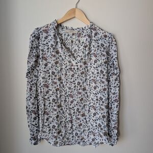 LOFT White Floral Blouse with Blue & Brown Print